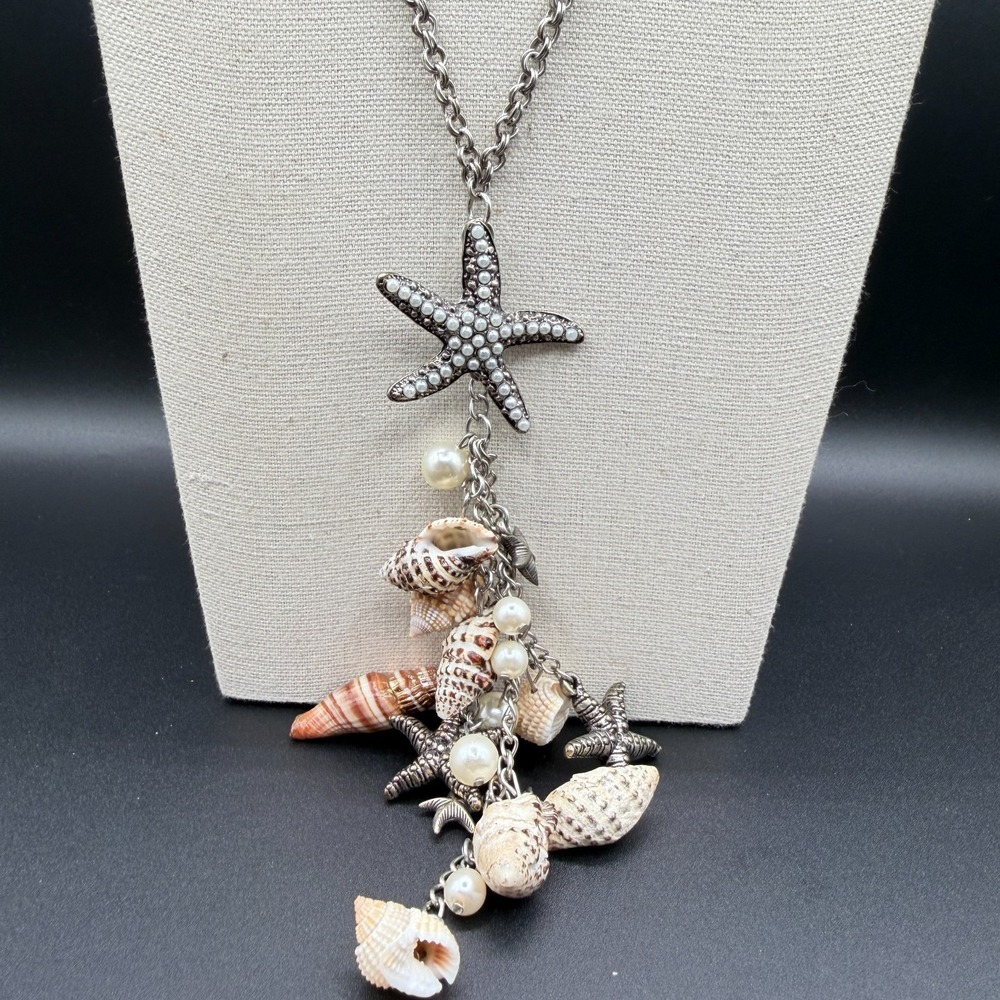 Seashell Starfish Charm Necklace Faux Pearl Silver Tone Coastal Boho Jewelry